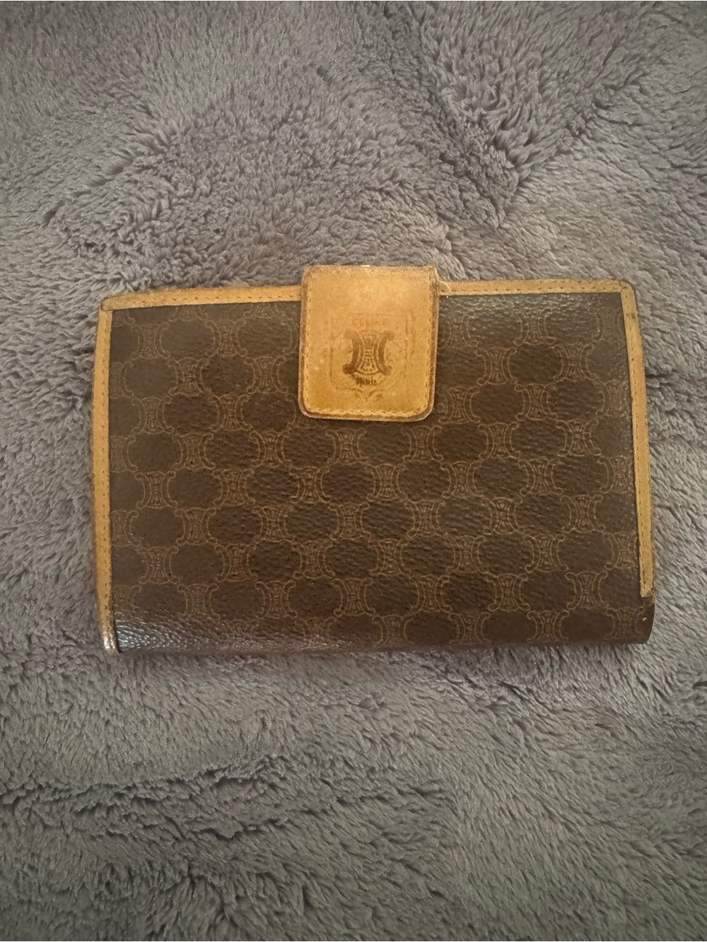 Celine Brown Canvas Triomphe Fold Wallet with Tan Trim VINTAGE